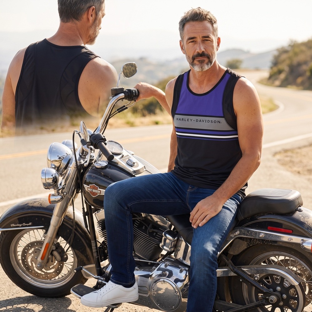 Harley-Davidson Mens 2XL Black Blue H-D Performance Mesh Side Tank Top